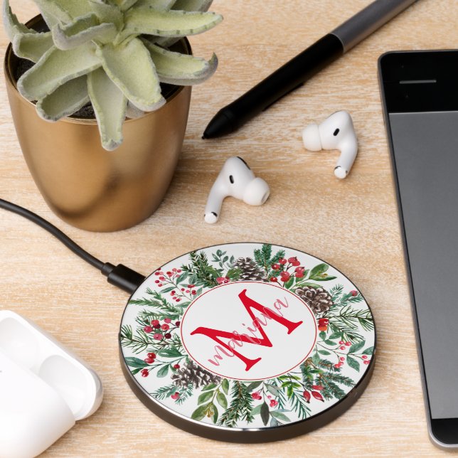 modern monogram christmas watercolor greenery  wireless charger  (Desk 2)