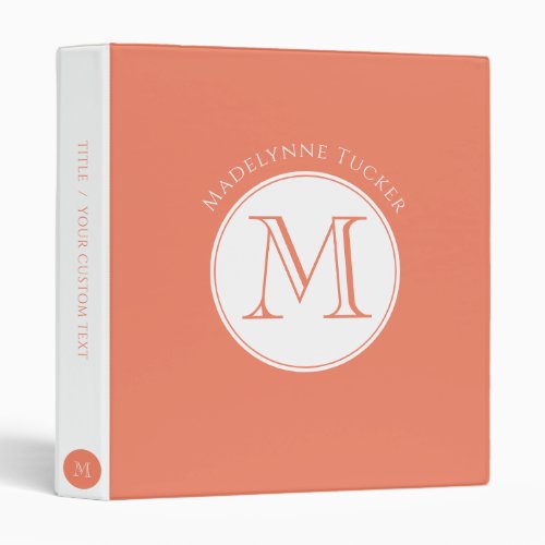 Modern Monogram Circle Coral Salmon 3 Ring Binder