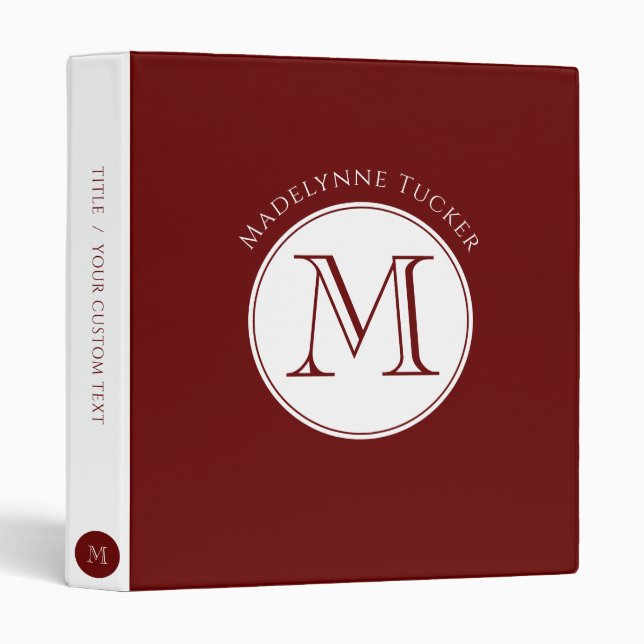 Modern Monogram Circle Dark Red Burgundy White 3 Ring Binder (Front/Spine)
