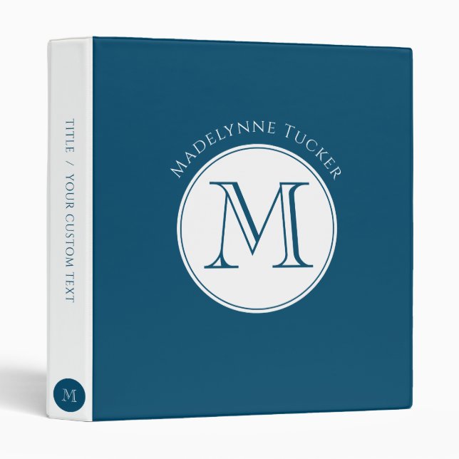 Modern Monogram Circle Ocean Blue White 3 Ring Binder (Front/Spine)