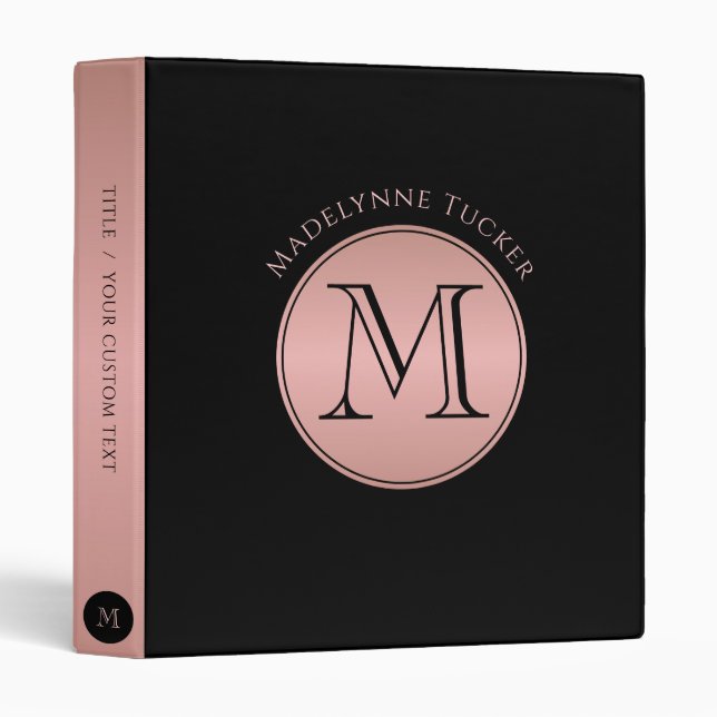Modern Monogram Circle Rose Gold & Black 3 Ring Binder (Front/Spine)