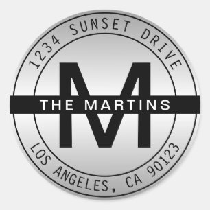 Modern Monogram & Circular Address Gradient Grey Classic Round Sticker