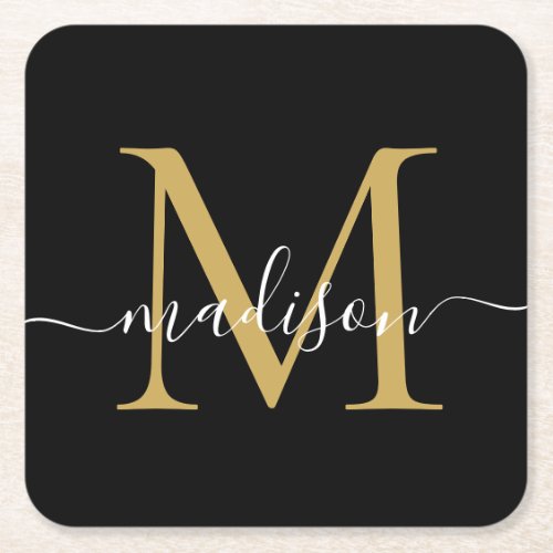 Modern Monogram Classic Black Gold Script Name Square Paper Coaster
