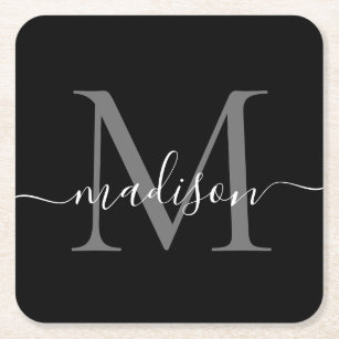 Modern Monogram Classic Black Gray Script Name Square Paper Coaster