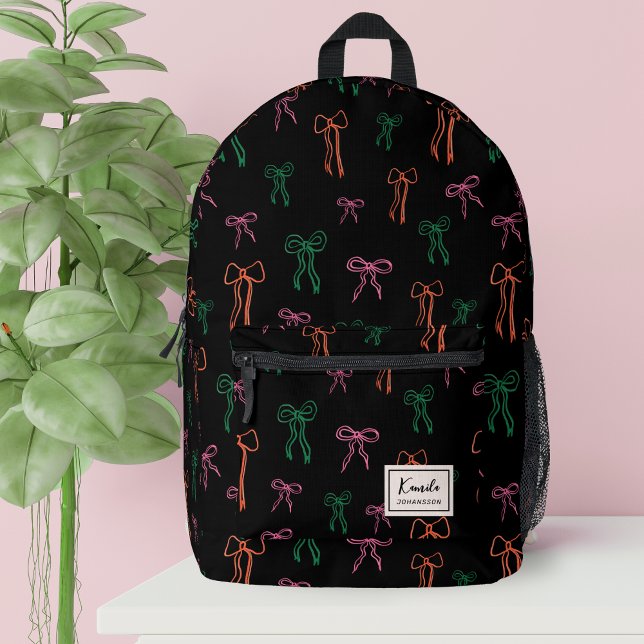 Modern Monogram Colorful Bow Pattern Black Printed Backpack (Creator Uploaded)