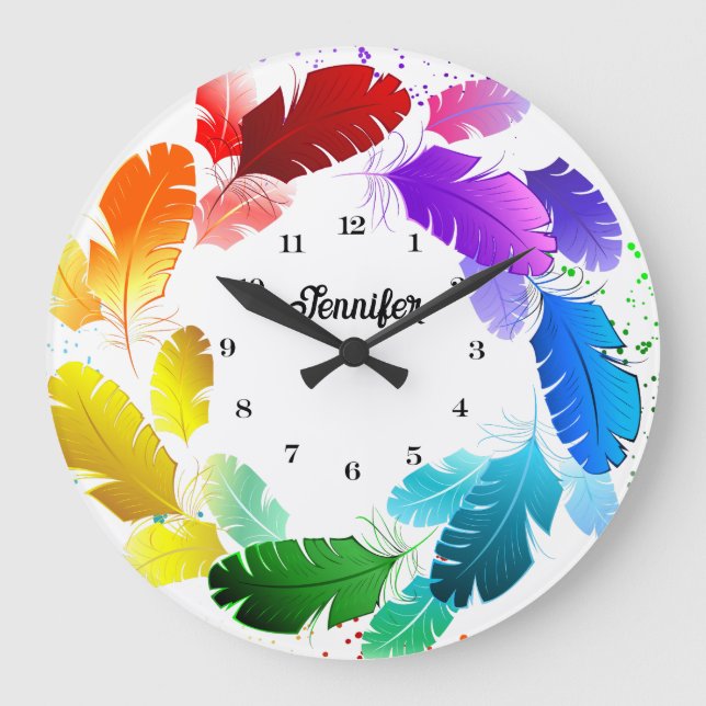 Modern Monogram Colorful Feathers Stylish Large Clock (Front)