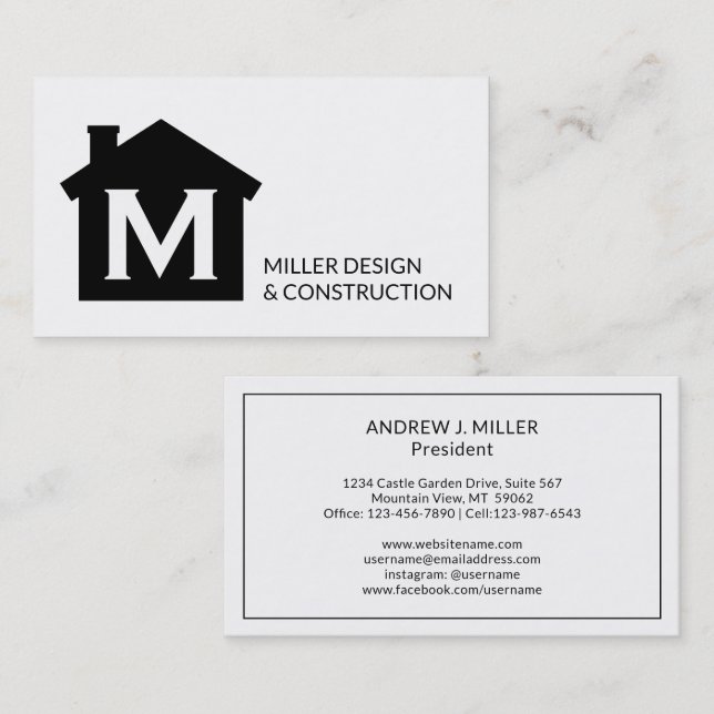 Modern Monogram Contractor Architect Real Estate Business Card (Front/Back)