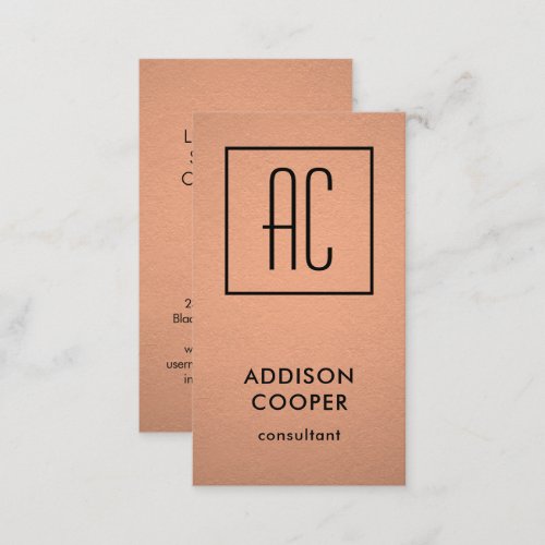 Modern Monogram Copper Faux Foil  Black Vertical Business Card