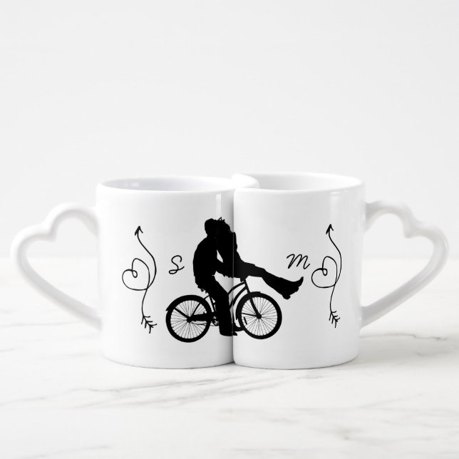 Modern Monogram Couple Cyling Newlyweds Wedding Coffee Mug Set (Front Nesting)