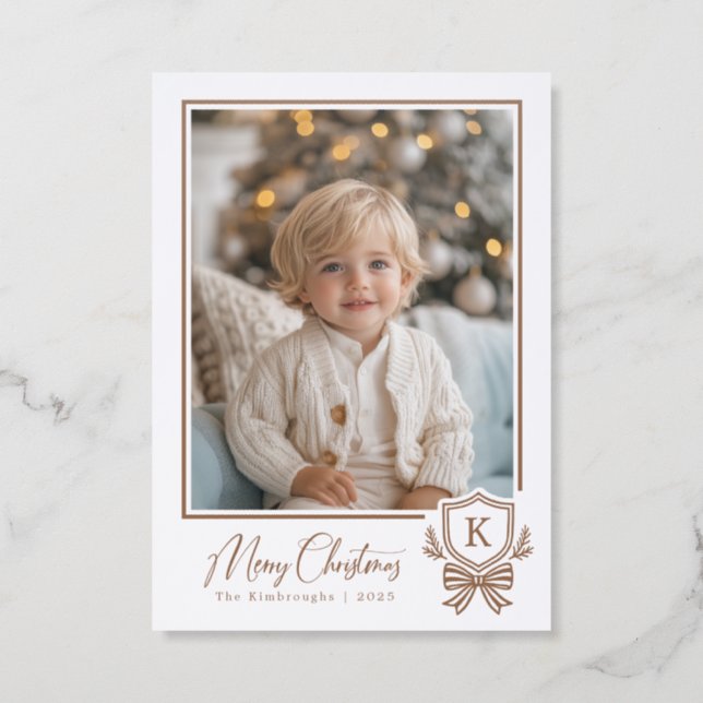 Modern Monogram Crest Bow Christmas Letterpress Photo Cards (Front)