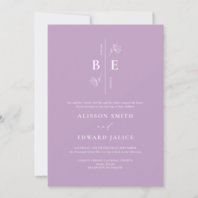 Modern Monogram Crest Lavender Lilac Wedding Invitation (Front)