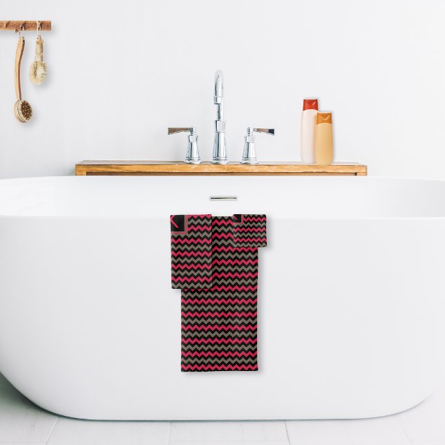 Modern Monogram Crimson Brown Black Chevron Bath Towel Set (Creator Uploaded)
