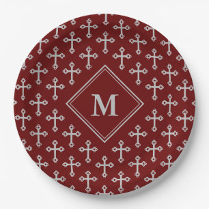 Modern Monogram Cross Burgundy Silver Paper Plates