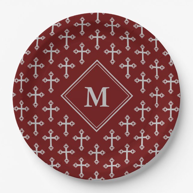 Modern Monogram Cross Burgundy Silver Paper Plates (Front)