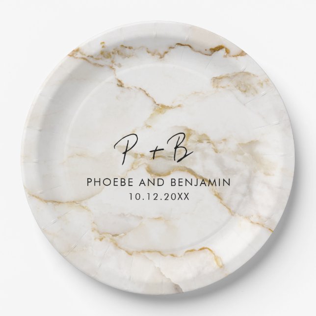 Modern Monogram Custom Gold Marble Wedding Paper Plates (Front)