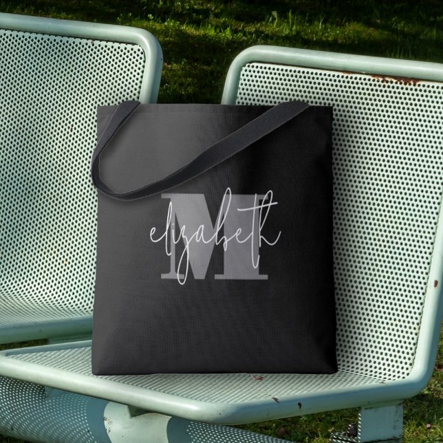 Modern Monogram Custom Name Black Tote Bag (Custom Tote Bags by PartyInvitationShop.com)