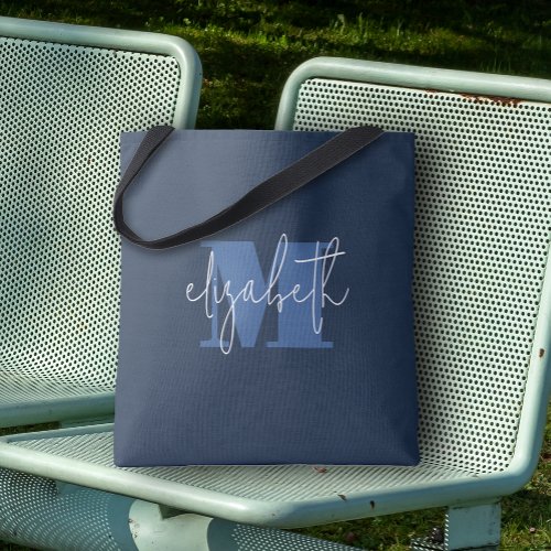 Modern Monogram Custom Name Navy Blue Tote Bag