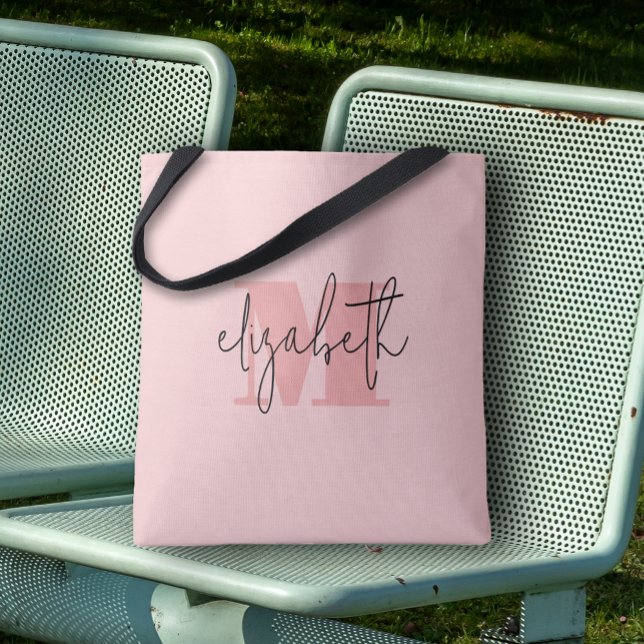 Modern Monogram Custom Name Pink Tote Bag (Custom Tote Bag by PartyInvitationShop.com)