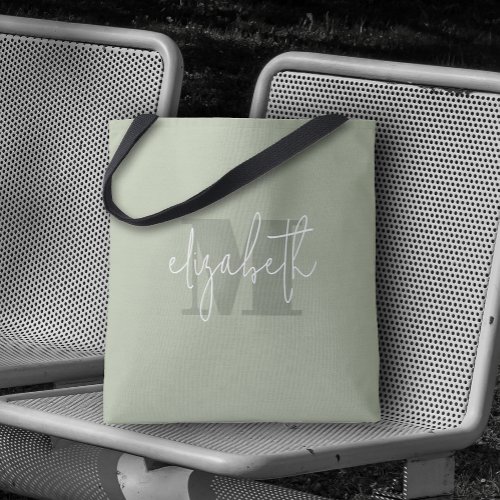 Modern Monogram Custom Name Sage Green Tote Bag