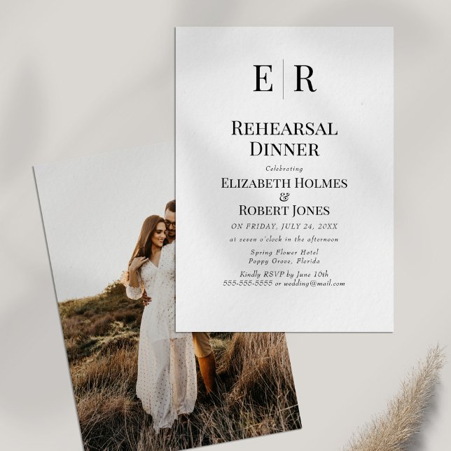 Modern Monogram Custom Photo Rehearsal Dinner Invitation (Modern Monogram Custom Photo Rehearsal Dinner Invitation on white table with dry wildflower)