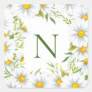 Modern Monogram Daisies Square Sticker
