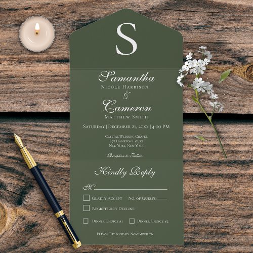 Modern Monogram Dark Green Dinner All In One Invitation