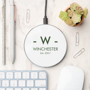 Modern monogram dark green family name est date wireless charger 