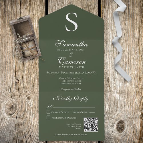 Modern Monogram Dark Green QR Code All In One Invitation