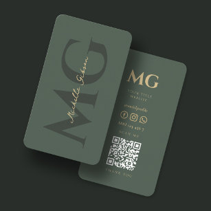 Modern Monogram Dark Green QR code social media Business Card