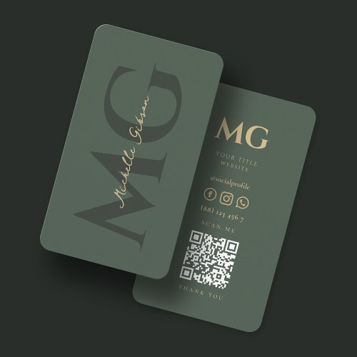Modern Monogram Dark Green QR code social media Business Card