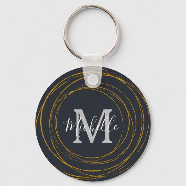 Modern Monogram Dark Grey Gold Rings Keychain (Front)