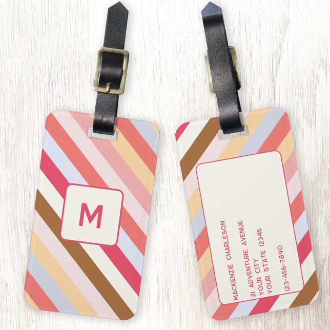 Modern Monogram Diagonal Candy Stripe Personalized Luggage Tag (Modern personalize monogram initial diagonal candy stripe luggage tag)