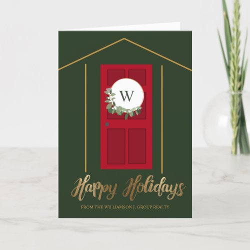 Modern Monogram Door Wreath Realtor Client Holiday Card