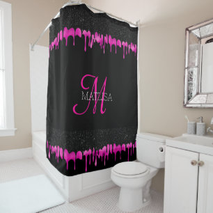 Modern Monogram Dripping Glitter Black Hot Pink  Shower Curtain