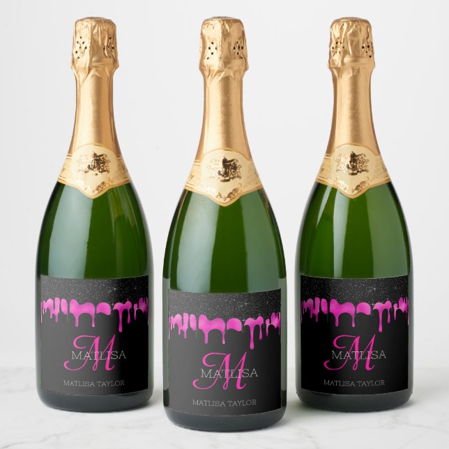 Modern Monogram Dripping Glitter Black Hot Pink  Sparkling Wine Label (Bottles)