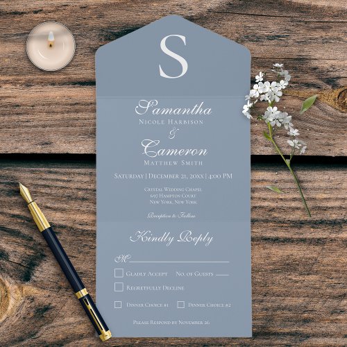 Modern Monogram Dusty Blue Dinner All In One Invitation