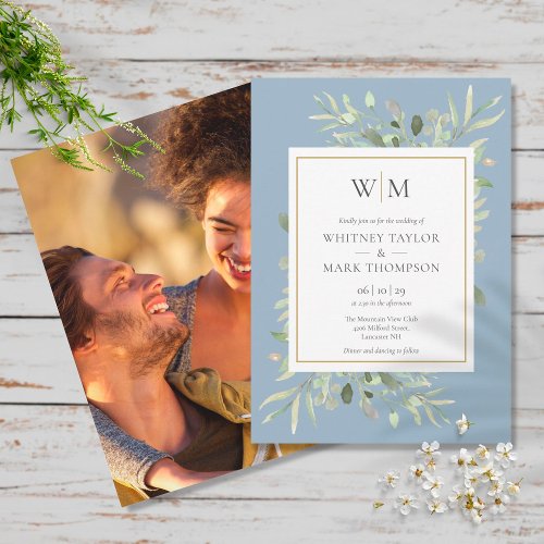 Modern Monogram Dusty Blue Greenery Photo Wedding Invitation