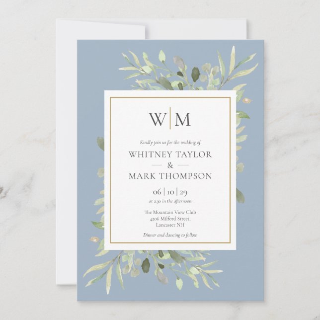 Modern Monogram Dusty Blue Greenery Wedding Invitation (Front)