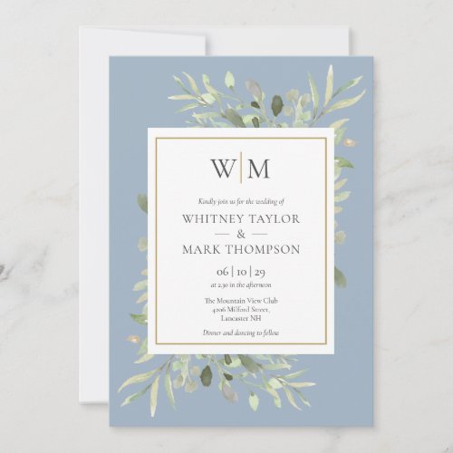 Modern Monogram Dusty Blue Greenery Wedding Invitation