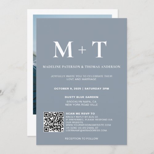 Modern Monogram Dusty Blue QR Code Rsvp Wedding  Invitation