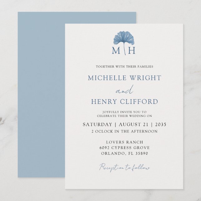 Modern Monogram Dusty Blue Wedding  Invitation (Front/Back)