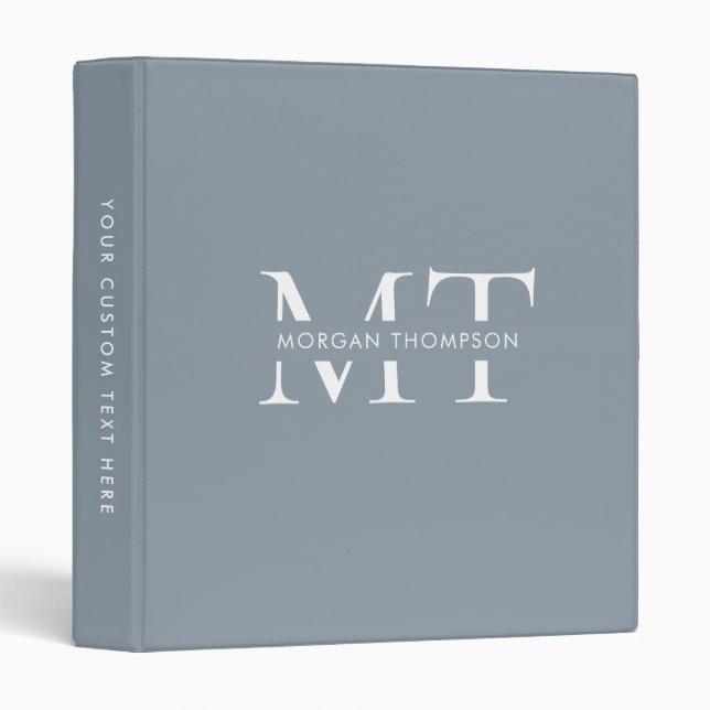 Modern Monogram Dusty Blue with Name 3 Ring  Binder (Front/Spine)
