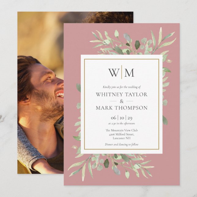 Modern Monogram Dusty Rose Greenery Photo Wedding Invitation (Front/Back)