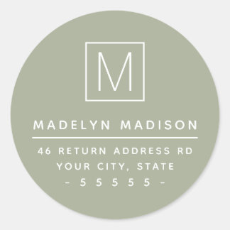 Modern monogram dusty sage green return address classic round sticker