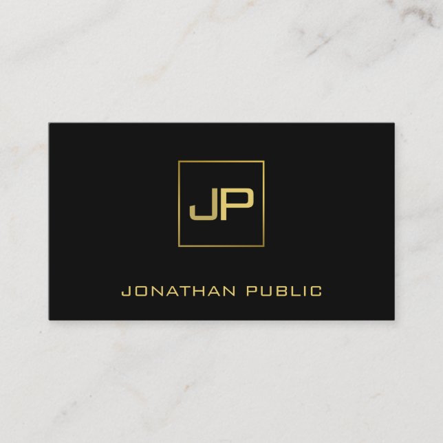 Modern Monogram Elegant Black Gold Template Business Card (Front)