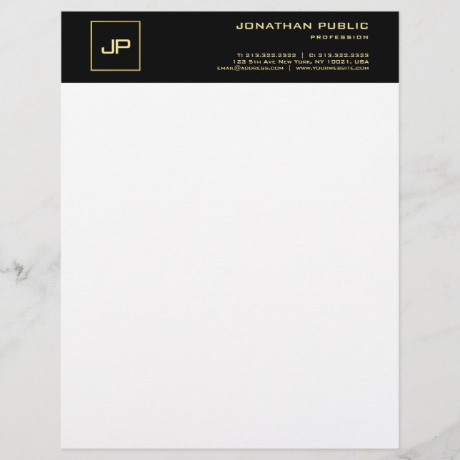 Modern Monogram Elegant Black White Gold Template Letterhead (Front)