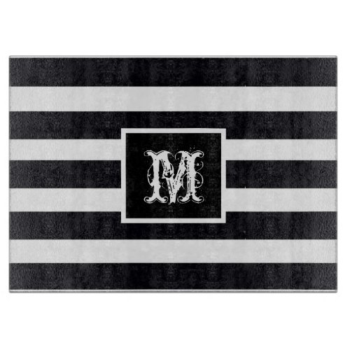 Modern Monogram Elegant Black  White Stripe  Cutting Board