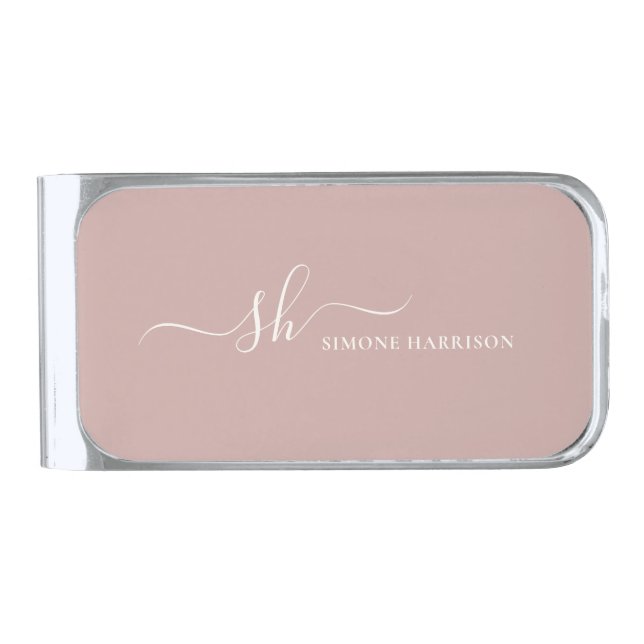 Modern Monogram Elegant Calligraphy Personalized Silver Finish Money Clip (Front)