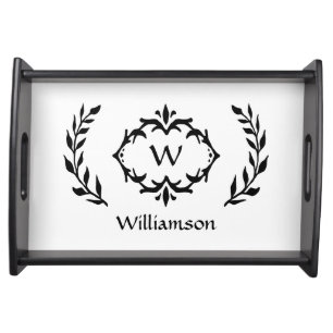 Modern Monogram Elegant Family Wreath Black White Serving Tray