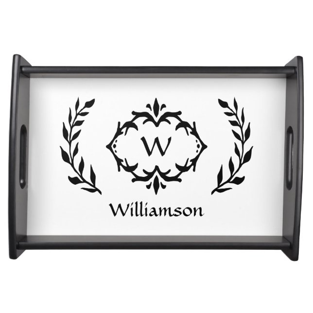 Modern Monogram Elegant Family Wreath Black White Serving Tray (Front)